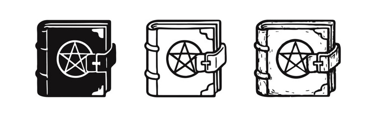 Fototapeta premium Magic Spell Book with Pentagram Symbol Icons Set. Grimoire with Occult Sign and Buckle Vector Illustration.