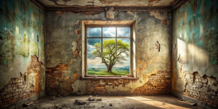 A solitary tree viewed through a window in a decaying room, a juxtaposition of nature's resilience and the passage of time within a forgotten structure