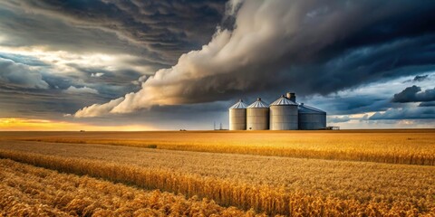 Fototapeta premium Golden Wheat Field Under a Dramatic Sky with Grain Silos