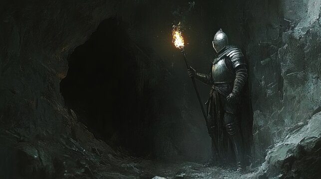Armored knight exploring dark cave with torchlight