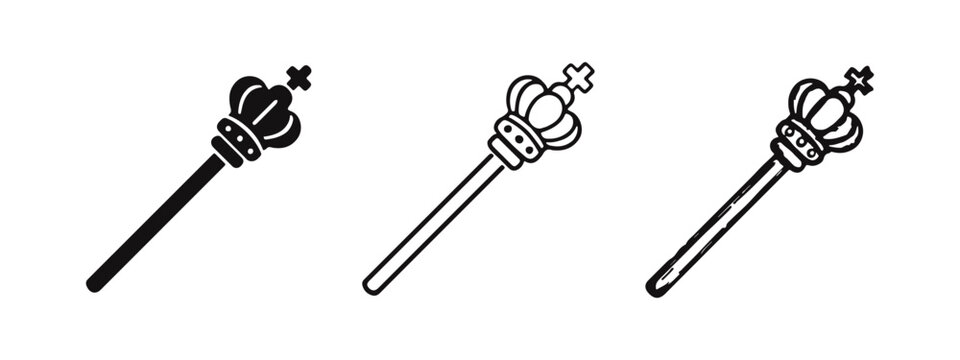 Royal Scepter with Crown Icons Set. King or Queen Monarch Authority Symbol Vector Illustration in Different Styles.