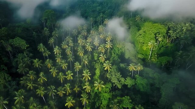 Lush Palm Tree Forest Under Morning Mist Aerial