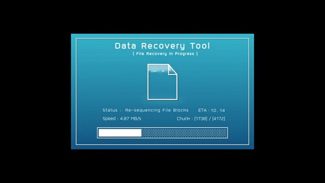 Data recovery process screen in cloud storage server on black background, database protection backup for restore secure network, cybersecurity software technology, retro binary computer monitor UI