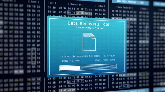 Data recovery process screen on cloud storage server, database protection backup for restore secure file sharing network, cyber security software technology, retro binary computer repair monitor UI