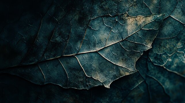 Macro shot of dark textured leaf with intricate veins and subtle lighting