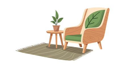 Fototapeta premium Stylish wooden armchair with green leaf cushion, side table, potted plant, and rug. Modern organic home decor illustration.