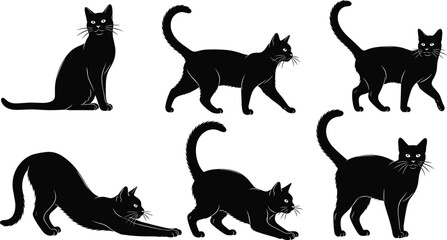 Black cat silhouettes set, domestic feline poses collection isolated on white background vector illustration for Halloween design © Sakib World