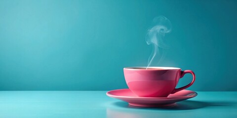 A steaming cup of tea in a vibrant pink teacup sits on a matching saucer against a serene teal backdrop