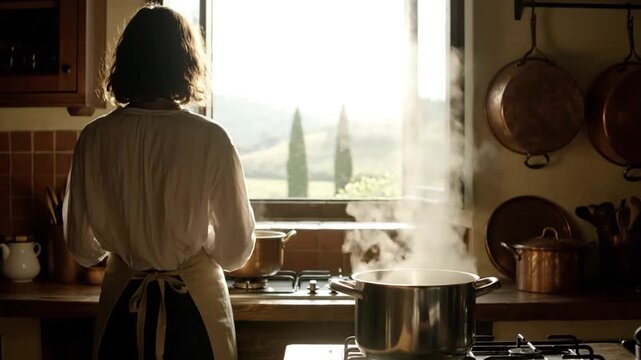 A person with shoulder-length dark hair, wearing a light-colored apron, is cooking at a stove in a cozy kitchen with sunlight streaming through an open window, steam rising from the pot, and rustic h