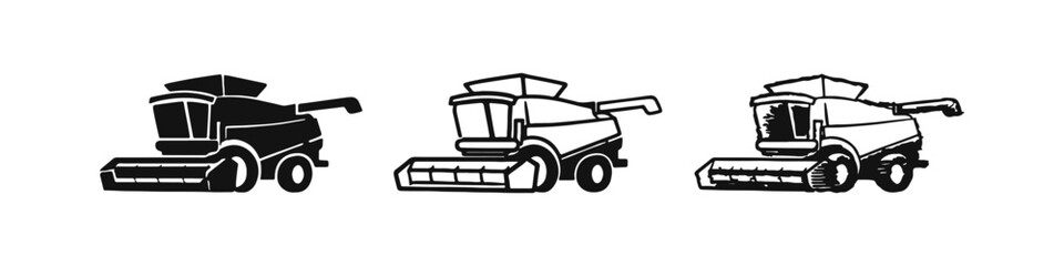 Combine Harvester Icons Set: Silhouette, Outline, and Hand-Drawn Styles for Agriculture and Farming Machinery © drawing lines