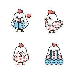 Cute cartoon chickens with different emotions and activities on white background © FarukStock
