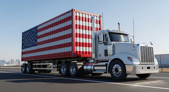 American Flag Shipping Container Truck on Highway