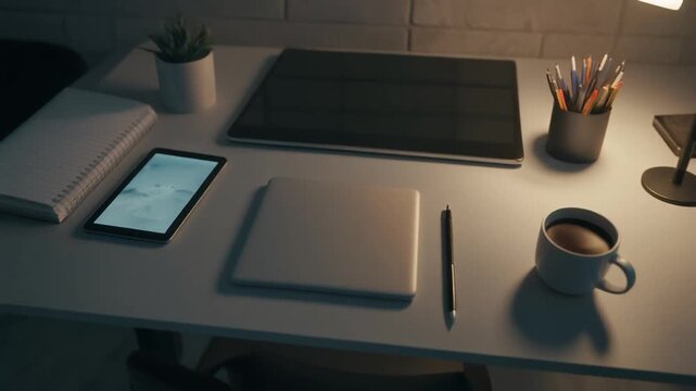 Modern Workspace with Laptop, Tablets and Coffee