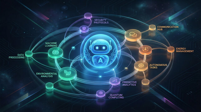 Futuristic AI network diagram illustrating interconnected fields like machine learning, quantum computing, and autonomous tasks with glowing nodes and lines on a digital background.
