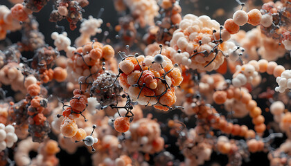 Intricate molecular structure with orange and white spheres