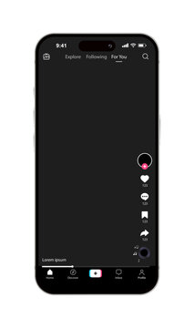 TikTok mobile app screen mockup. Vector template featuring social media interface elements, icons, and smartphone page layout