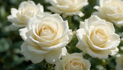 Beautiful white roses in full bloom with lush green leaves