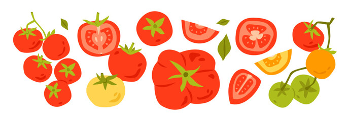 Obraz premium Fresh organic tomatoes, including cherry and heirloom varieties. Healthy Mediterranean vegetable concept isolated on white background. Flat vector illustration.