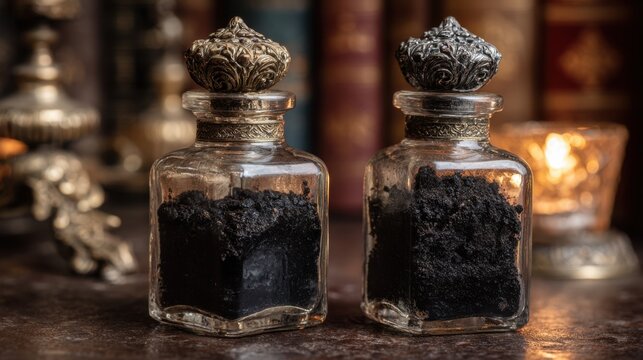 Antique blown glass jars with ornate lids holding dark, rich contents, displayed on a rustic shelf with blurred books in the background.