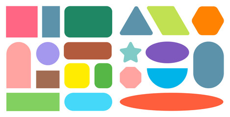 Geometric shape collection with flat colorful elements, basic shapes for graphic design projects. modern flat style icons in a vibrant color palette