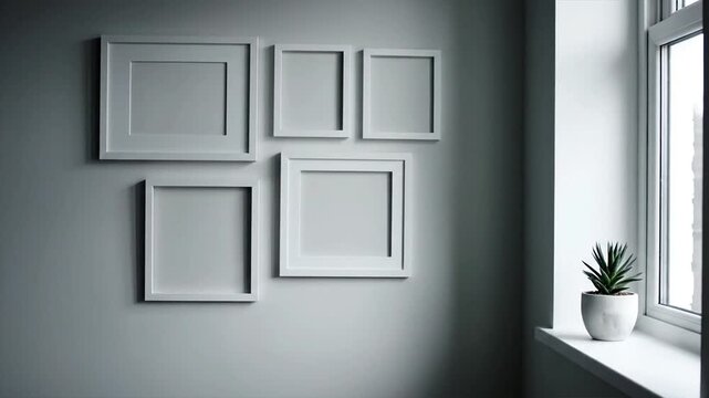Blank picture frames on wall near window with plant for artwork display
