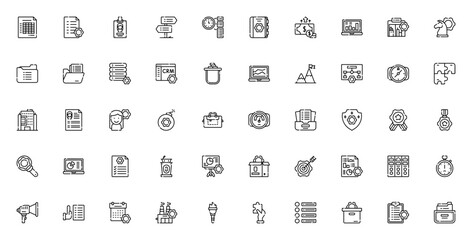 Management icon set. Vector business icons pack. Includes symbols for schedule, strategy, analysis, project, data, performance, goal, marketing and more. Editable stroke.