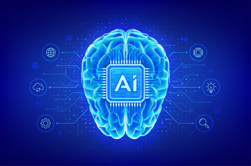 Obraz premium Artificial intelligence technology concept. Digital brain. AI chip integrated into the human brain. Machine Learning. Digital mind. Neural networks. Circuit board pattern. Vector illustration.