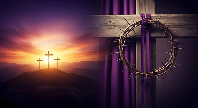 Easter sunday symbolism cross and crown of thorns at sunset