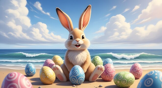 Easter sunday beach scene with easter bunny and colorful eggs