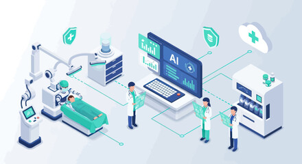 Obraz premium AI in healthcare concept with doctors and medical equipment.