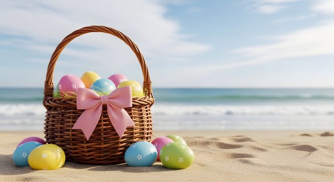 Easter sunday celebration with colorful eggs and basket on sandy beach