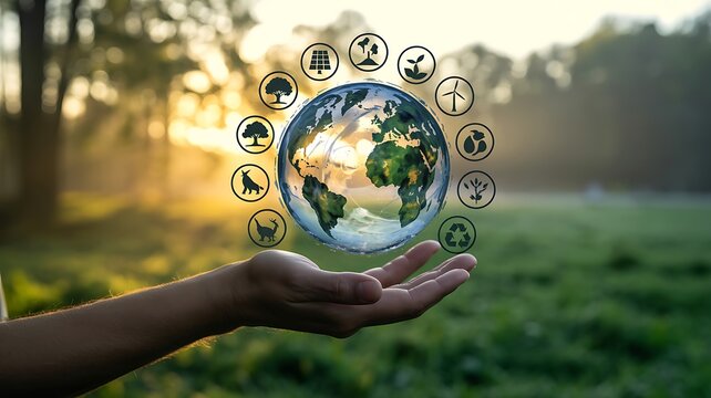 Eco-friendly Earth held in hand with sustainability icons, nature background