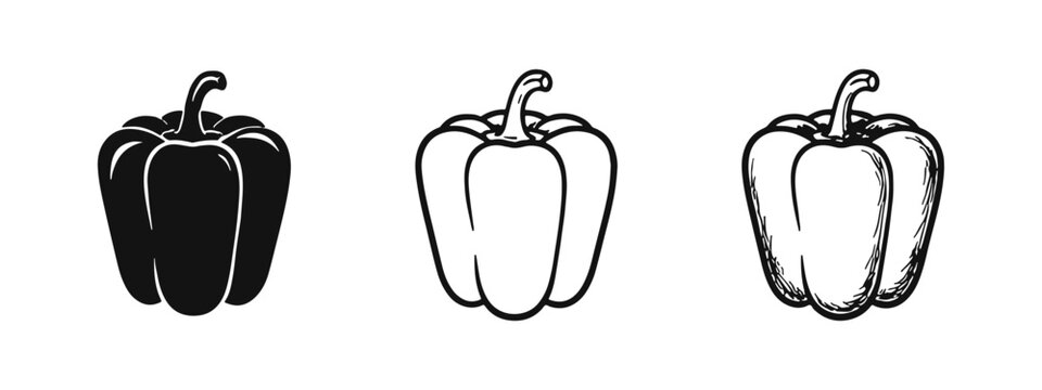 Bell Pepper Icon Set: Sweet Vegetable Symbols in Solid, Outline, and Hand-Drawn Styles for Cooking and Health