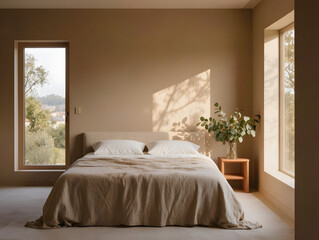 Minimalist bedroom interior with natural light and neutral tones