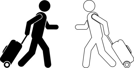 Silhouette of two travelers with luggage walking in same direction