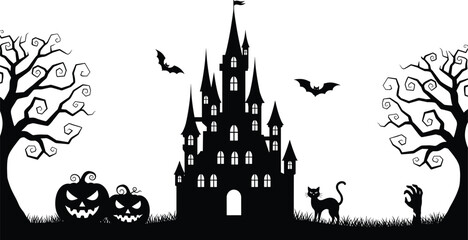 Fototapeta premium Black and white stylized silhouette illustration of haunted castle with twisted trees, jack-o’-lanterns, black cat, zombie hand, and bats, perfect for Halloween and spooky design purposes