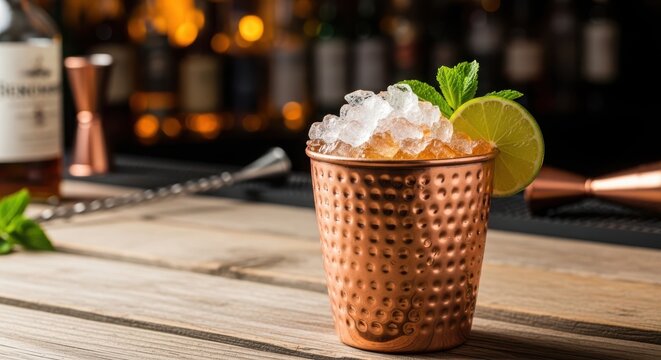 A refreshing moscow mule cocktail in a copper mug on a wooden bar with ice and lime on a blurred background with bottles