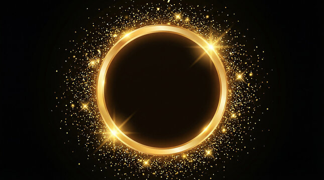 Golden circle frame adorned with sparkling glitter and light effects on a black background.