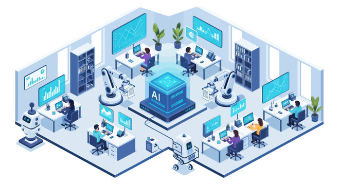 Isometric AI Development Office with Engineers and Robots.