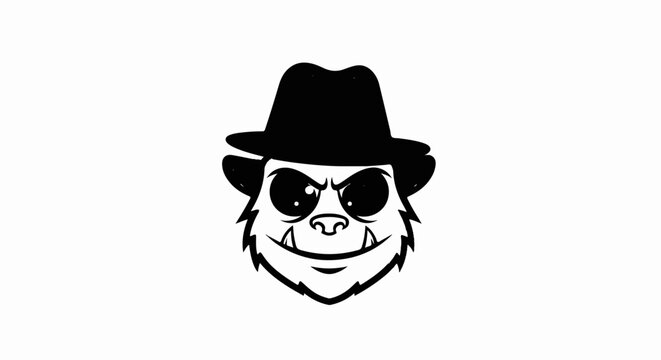 Black and white cartoon of a grinning creature wearing a fedora hat