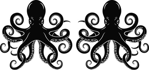 Set of black octopus silhouette vector illustrations with curling tentacles and suckers, perfect for marine life, ocean, and nautical designs. © MdMahmudul