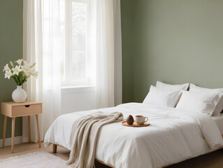 Minimalist bedroom with white bedding and soft lighting
