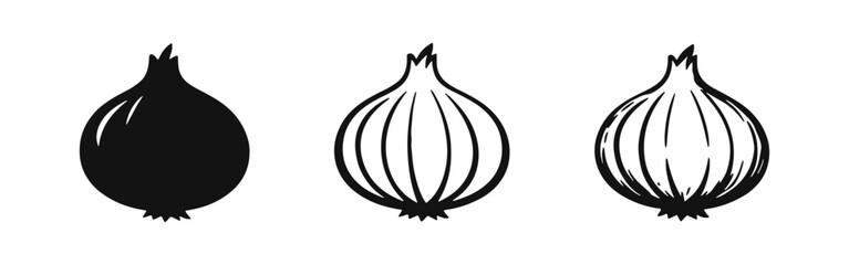 Vegetable Onion Icon Collection: Solid, Outline, and Sketch Styles on White Background