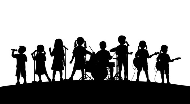 Silhouettes of a children's band performing with musical instruments and microphones on a stage.