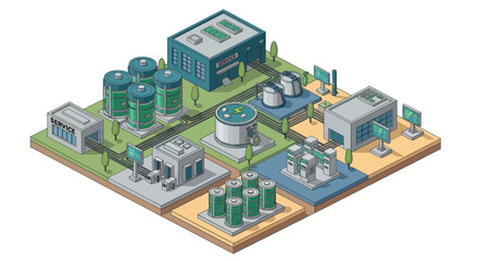Isometric Industrial Complex with Green Energy and Manufacturing Facilities.