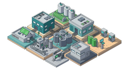 Isometric Industrial Complex with Various Factory Buildings and Infrastructure.