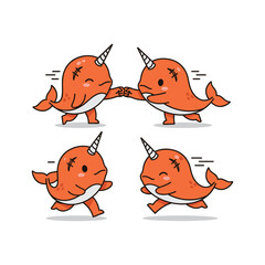 Cartoon narwhals dancing together in a playful and whimsical style with copy space © Jakir vai stock