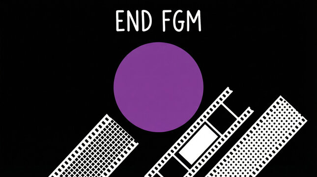 Stop Female Genital Mutilation graphic with bold text and symbolic film strips on black background