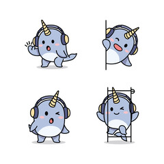Cartoon narwhal character with headphones in various poses on white background © JaherStock