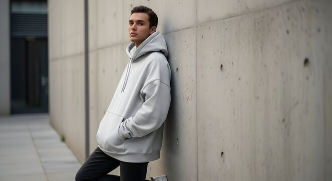 Young man in a grey hoodie leaning against a concrete wall, exuding a casual urban style